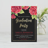 Red Rose Black Gold Glitter Photo Graduparty Kaart (Staand voorkant)