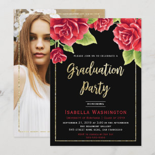 Red Rose Black Gold Glitter Photo Graduparty Kaart