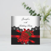 Red Rose Black Lace White Silver Party Kaart (Staand voorkant)