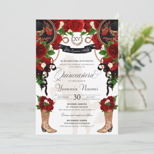Red Rose Black Mariachi Western Charro Quinceanera Kaart (Staand voorkant)