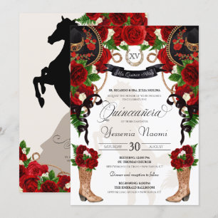 Red Rose Black Mariachi Western Charro Quinceanera Kaart