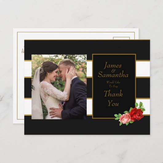 Red Rose, Black, White & Gold Stripe - Dank u Briefkaart (Voorkant / Achterkant)