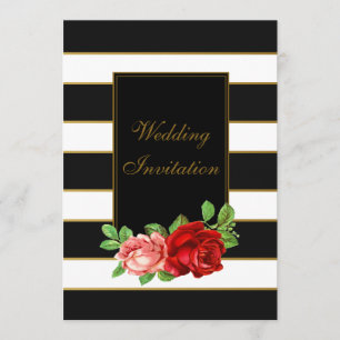 Red Rose, Black, White & Gold Stripe - Uitnodiging