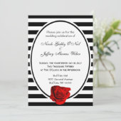 Red Rose Black & White Stripes Wedding Invitation Kaart (Staand voorkant)