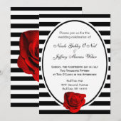 Red Rose Black & White Stripes Wedding Invitation Kaart (Voorkant / Achterkant)