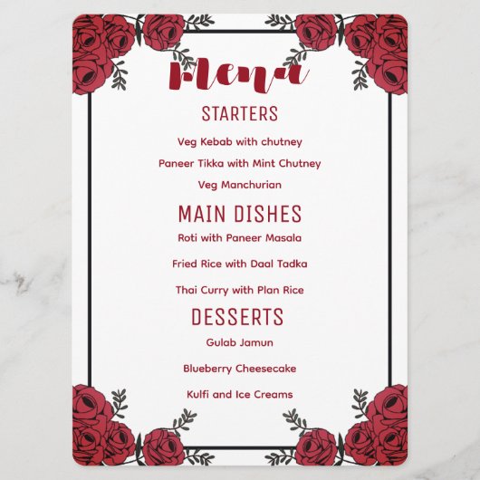 Red Rose Bloemen Huwelijksthema Menu (Voorkant)