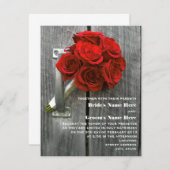 Red Rose Boeket & Barnwood Bruiloft Kaart (Voorkant / Achterkant)