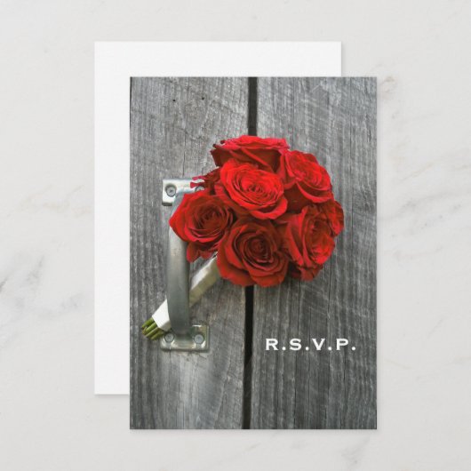 Red Rose Boeket & Schuur Hout Bruiloft RSVP (Voorkant / Achterkant)