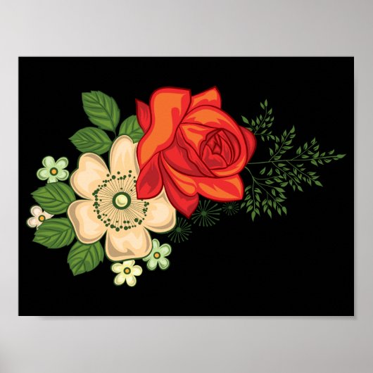 Red Rose en Daisies Black Achtergrond Poster (Voorkant)