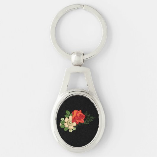 Red Rose en Daisies Black Achtergrond Sleutelhanger (Voorkant)