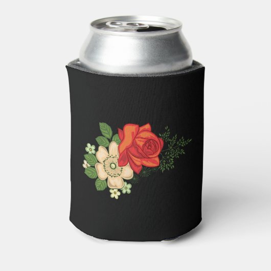 Red Rose en Daisies Black Background Koelbox Blikjeskoeler (Blikje Achterkant)