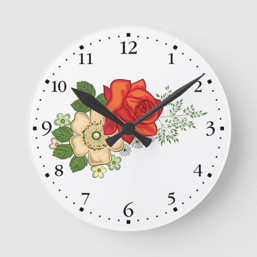 Red Rose en Daisies Clockface 1 Black Ronde Klok (Voorkant)