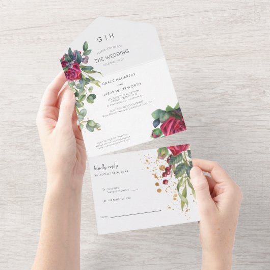 Red Rose en Eucalyptus Wedding All In One Uitnodiging (Afscheurbaar)