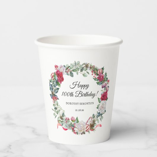 Red Rose en Holly 100e verjaardag Elegant Papieren Bekers (Achterkant)
