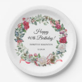 Red Rose en Holly 90ste verjaardag Elegant Papieren Bordje (Voorkant)