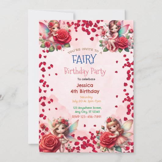 Red Rose Fairy : Enchanted Invitation d'anniversai (Devant)