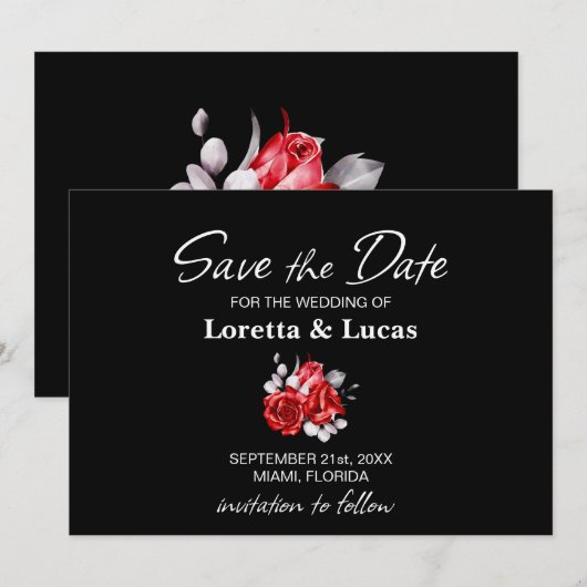 Red Rose Floral Black Wedding Save The Date (Voorkant / Achterkant)