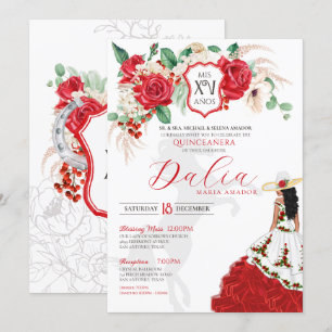 Red Rose Floral Crest Elegant Charra Quinceañera Kaart
