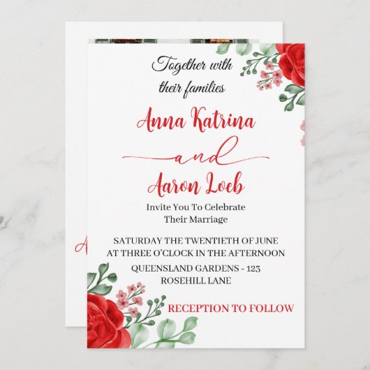Red Rose Floral Wedding Invitation Template (Devant / Derrière)
