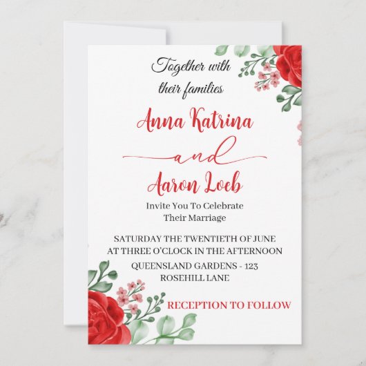 Red Rose Floral Wedding Invitation Template Kaart (Voorkant)