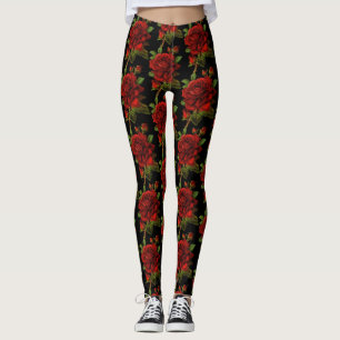Red Rose Flower Floral Black Leggings
