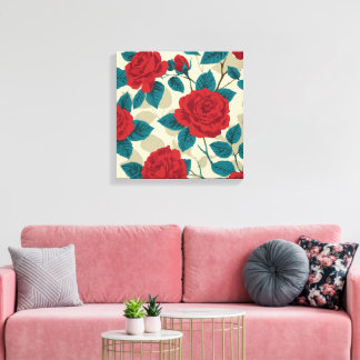 Red Rose Garden Pattern -  bloemsierkunst Canvas Afdruk