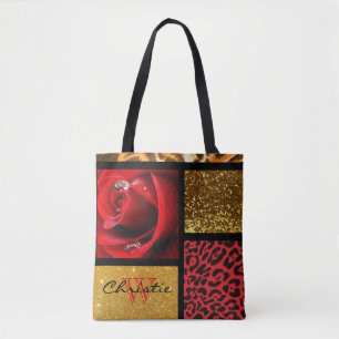 Red Rose Glitter Gold Leopard Collage Draagtas