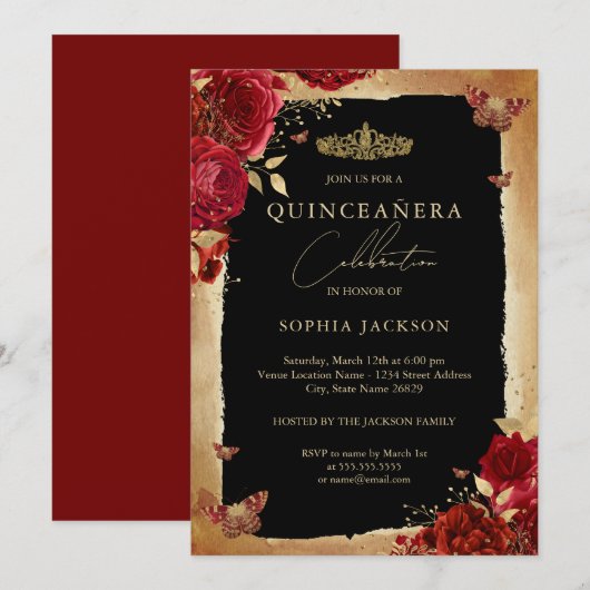 Red Rose Gold Elegant Quinceanera Invitation (Devant / Derrière)