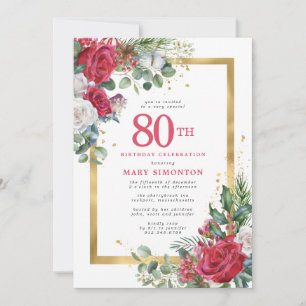 Red Rose Gold Holly 80th Birthday Kaart