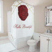 Red Rose & Gold Lines Floral Elegant Chic Custom Douchegordijn (In situ)