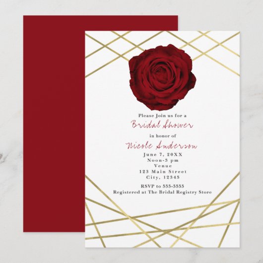 Red Rose & Gold Lines Floral Elegant Invitation (Devant / Derrière)