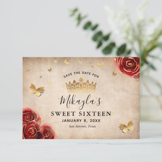  Red Rose Gold Parchment Elegant Save The Date (Staand voorkant)