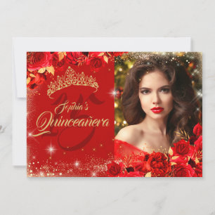 Red Rose Gold Quinceanera Bloemenfoto Kaart