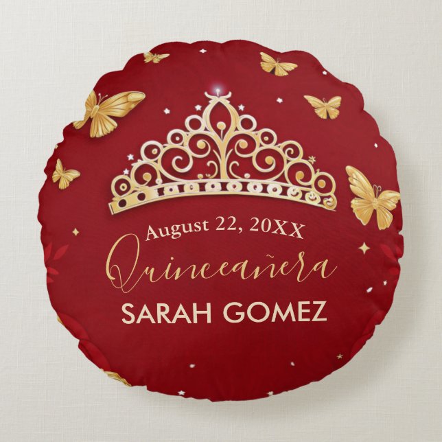Red Rose Gold Quinceanera Rond Kussen (Voorkant)