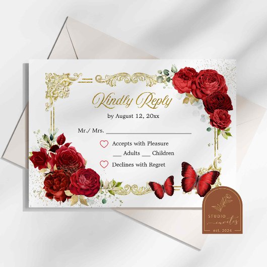 Red Rose Gold Quinceañera RSVP-kaart RSVP Kaartje