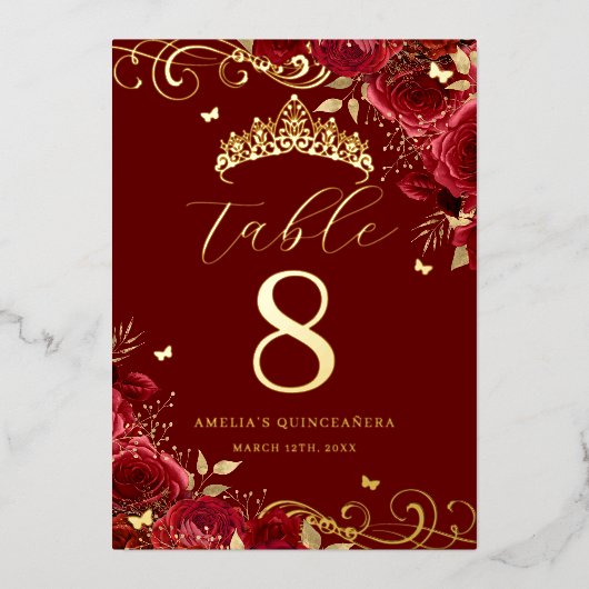 Red Rose Gold Swirl Quinceanera Numéro de table (Recto)