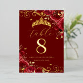 Red Rose Gold Swirl Quinceanera Numéro de table (Debout devant)