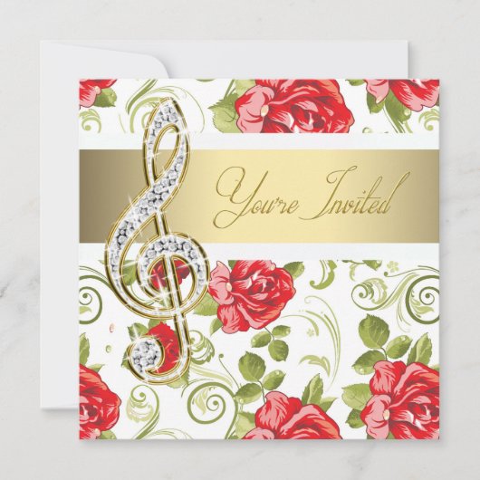 Red Rose Gold Treble Clef Considérant Invitation (Devant)