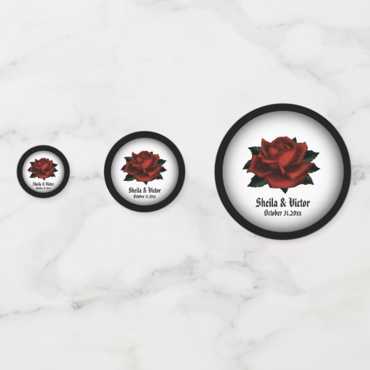 Red Rose Gothic Wedding Names and Date Confetti (Achterkanten)