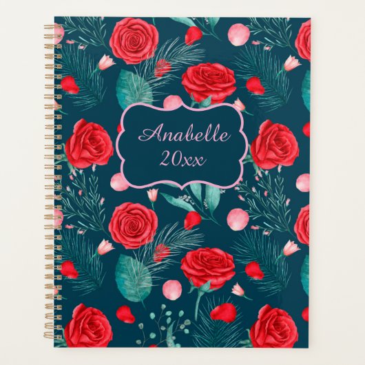 Red Rose & Green Leaves Personalized Planner (Voorkant)