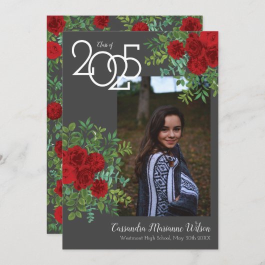 Red Rose Grey Faire-part d'obtention d'un diplôme (Devant / Derrière)