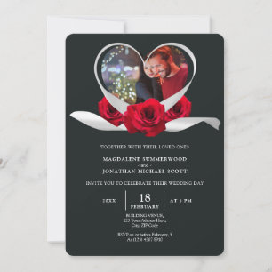 Red Rose Heart Foto Romantisch Wit Lint Grijs Kaart