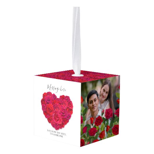 Red Rose Heart Romantic Floral Custom Text Kubus Ornament (Achter hoekig)