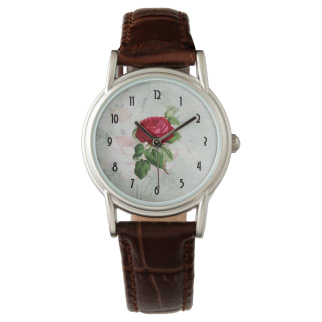 Red Rose Illustration on Faux  Parchment Horloge (Voorkant)