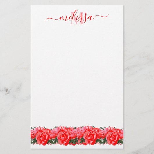 Red Rose Monogram Elegant Stationery Paper Briefpapier (Voorkant)