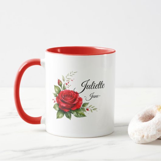 Red Rose Monogram Mug – June Birth Flower (Avec donut)