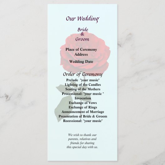 Red Rose of Summer Wedding Programme Programma (Voorkant)