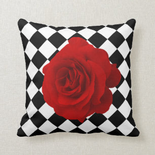 Red Rose op Black en White Diamond Pattern Kussen