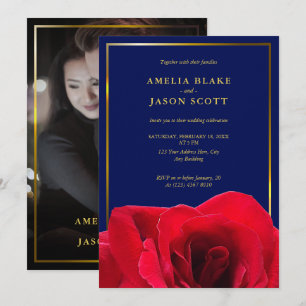 Red Rose op Deep Blue Goud Lijst foto bruiloft Kaart