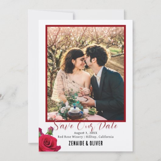 Red Rose Photo Flat Save The Date Kaart (Voorkant)